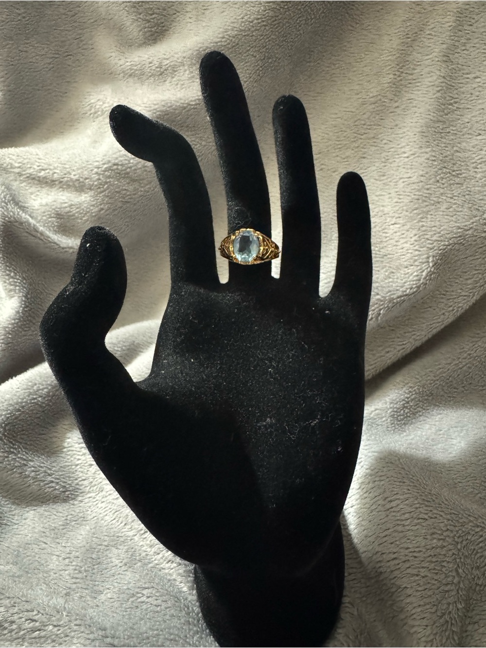 Vintage Avon Gold-Tone Filigree Ring with Light Blue Stone Size 6.5
